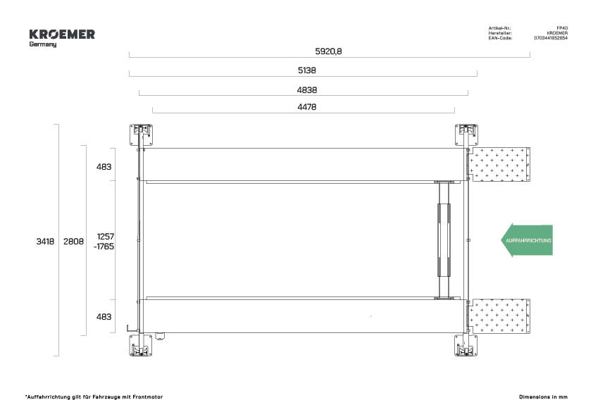 Technische Zeichnung FP40 - Draufsicht (3418mm Breite)