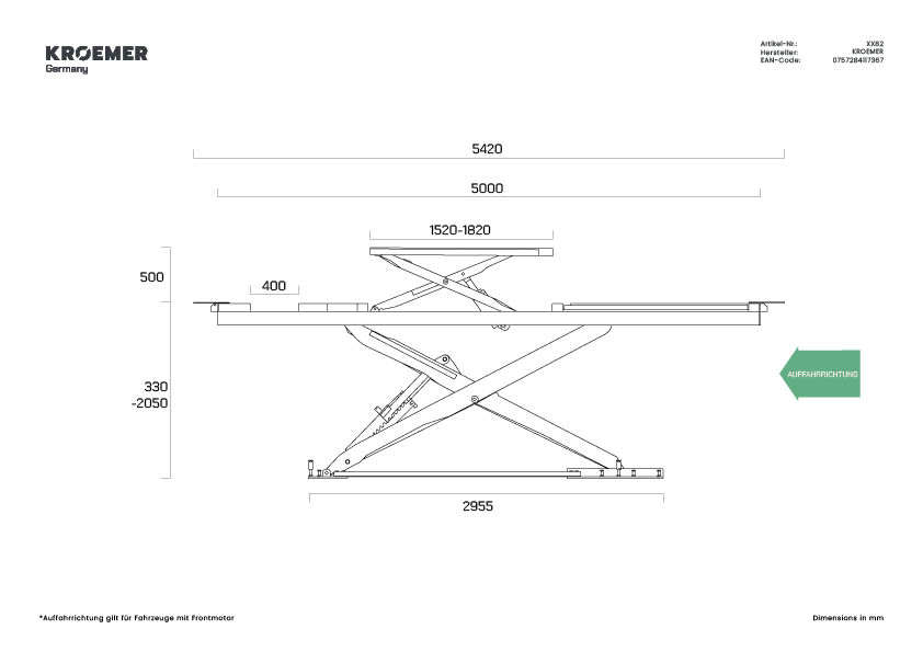 Technische Zeichnung XX82 - Seitenansicht (Auffahrrichtung)