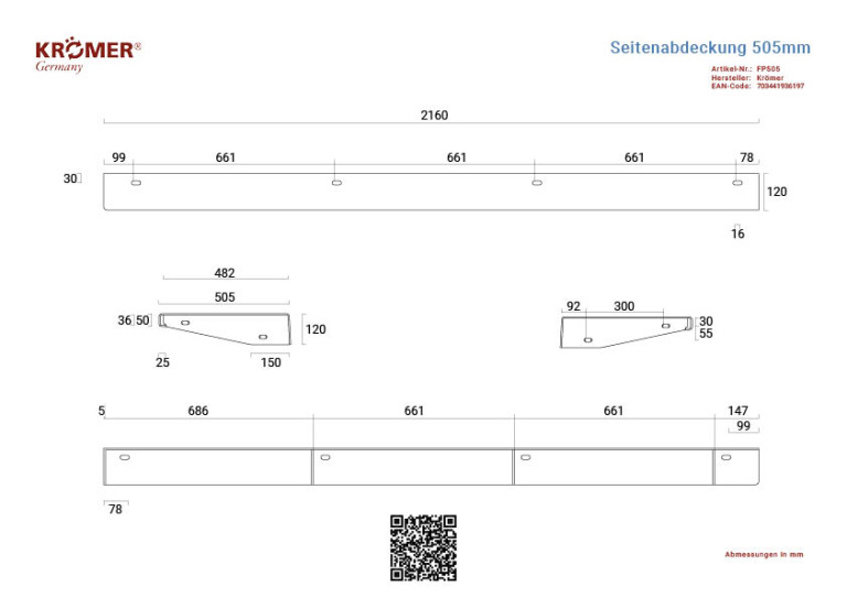 Disegno tecnico di un rivestimento laterale opzionale per un ponte sollevatore a 4 colonne con una lunghezza totale di 2160 mm.
