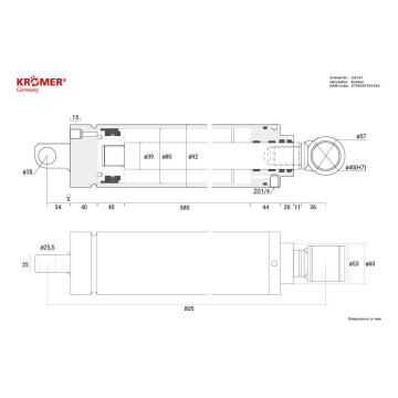 Technische Zeichnung eines Hauptzylinders mit einer Gesamtlänge von 833,5mm.