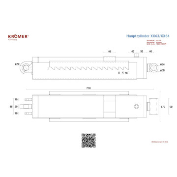 Technische Zeichnung eines Hydraulik Hauptzylinders mit einer Gesamtbreite von 170mm
