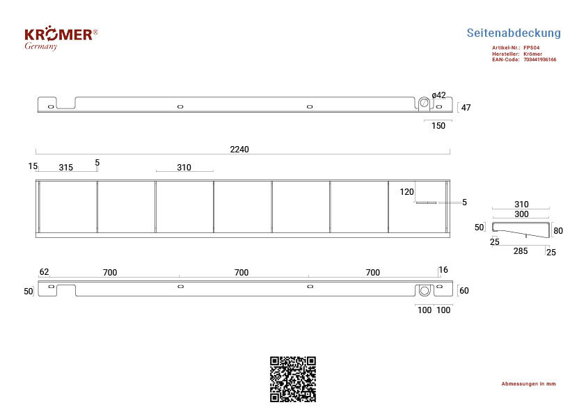 Abmessungen einer Seitenplatte mfür eine 4-Säulenhebebühne mit einer Gesamtlänge von 2240mm.